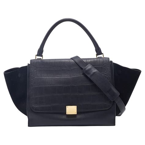 CELINE Crocodile Embossed Trapeze Black 